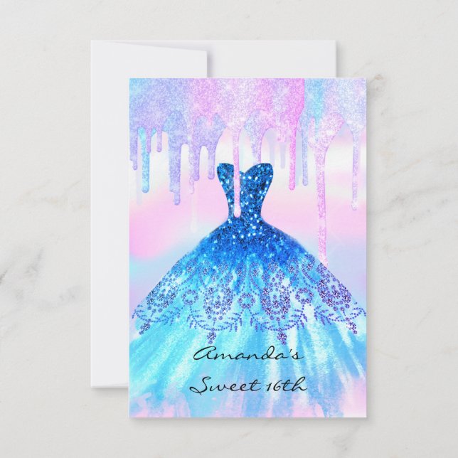 Invitation Quinceanera Douce 16e Robe Holographique Rose Bleu (Dos)