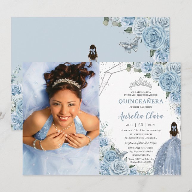 Invitation Quinceañera Doux Bleu Floral Princesse 15 Años (Devant / Derrière)