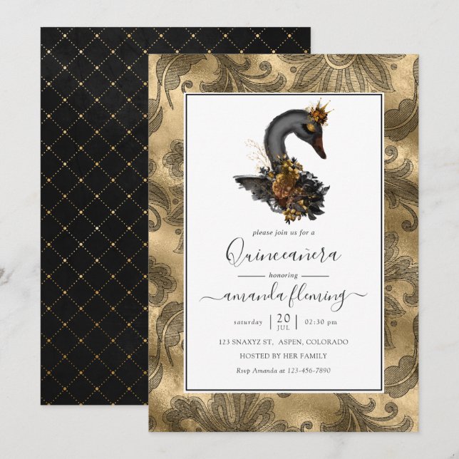 Invitation Quinceañera du cygne noir (Devant / Derrière)