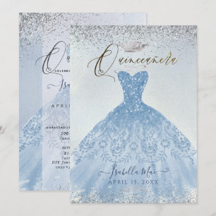 Invitation Quinceanera Dusty Blue+Silver Parties scintillant 