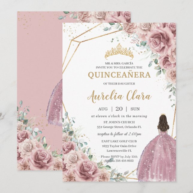 Invitation Quinceañera Dusty Rose Floral Princess Gown Gold (Devant / Derrière)