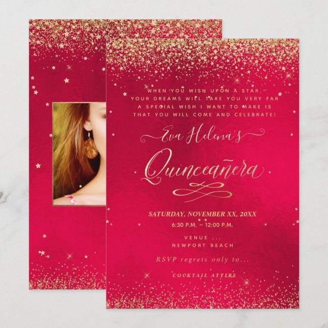 Invitation Quinceañera, Écrit dans l'Etoile, Velvet rouge (Devant / Derrière)