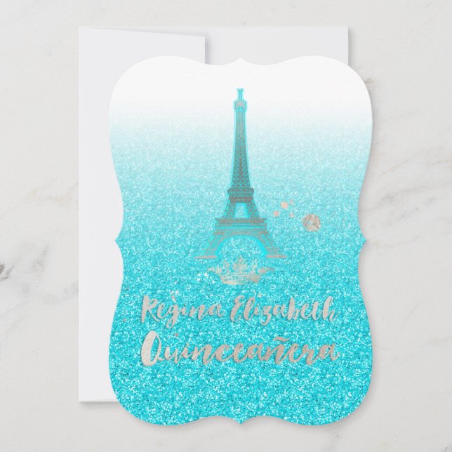 Invitation Quinceanera/Eiffel/Bleu/Princesse/Couronne (Devant)