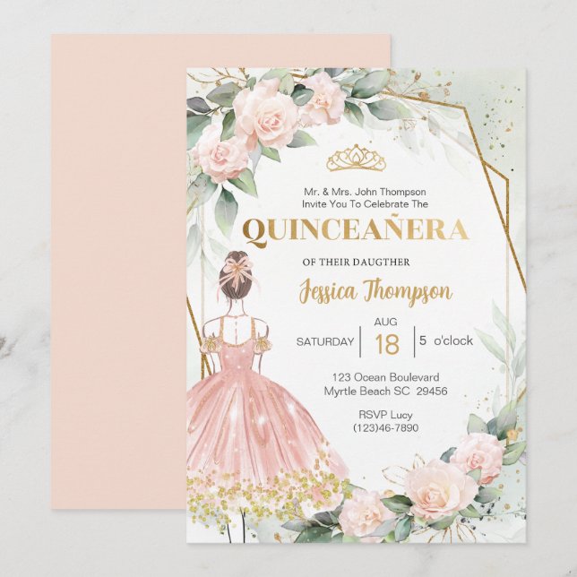 Invitation Quinceañera Elegant Blush Rose or Floral (Devant / Derrière)