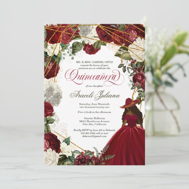 Invitation Quinceanera élégant charro bordeaux blanc fleuri i (Debout devant)