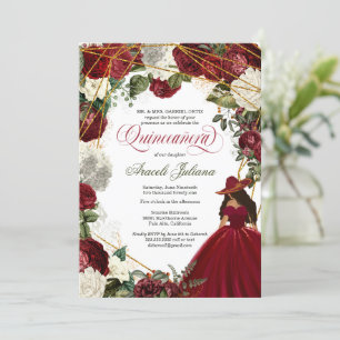 Invitation Quinceanera élégant charro bordeaux blanc floral