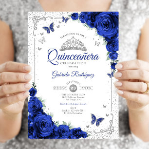 Invitation Quinceanera Élégant Chic Roses Bleu Royal Argent