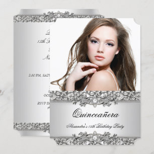 Invitation Quinceanera Élégant Diamant Blanc Argenté Photo 2