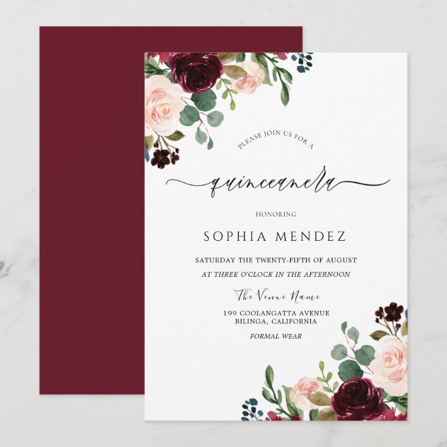 Invitation Quinceanera élégant : Fleurs de vin rouge Bourgogn (Devant / Derrière)