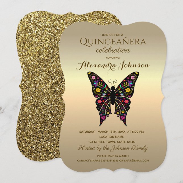 Invitation Quinceanera Elegant Noir et Or (Devant / Derrière)