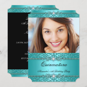 Invitation Quinceanera Élégant Photo Diamant Bleu Sarcelle