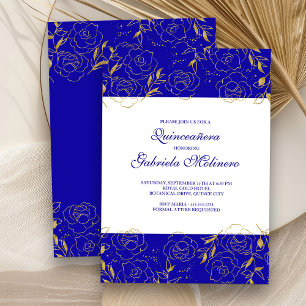 Invitation Quinceanera Elegant Royal Blue et Gold Floral