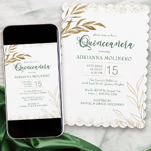 Invitation Quinceanera Élégant Vert Émeraude et Feuille d'Or