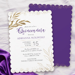 Invitation Quinceanera Élégant Violet et Feuille d'Or
