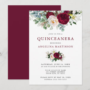 Invitation Quinceanera Elégante aquarelle Bourgogne Floral