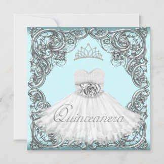 Invitation Quinceanera élégante argent et bleu sarcelle