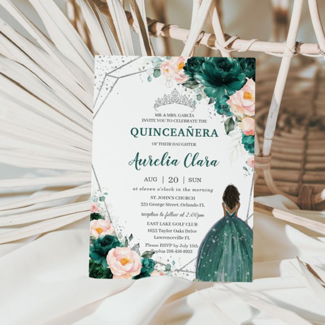 Invitation Quinceañera Emerald Blush Floral Brown Princesse (Créateur téléchargé)