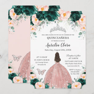 Invitation Quinceañera Emerald Blush Floral Princess Silver