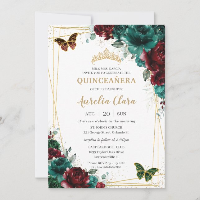 Invitation Quinceanera Emerald Bourgogne papillons floraux (Devant)