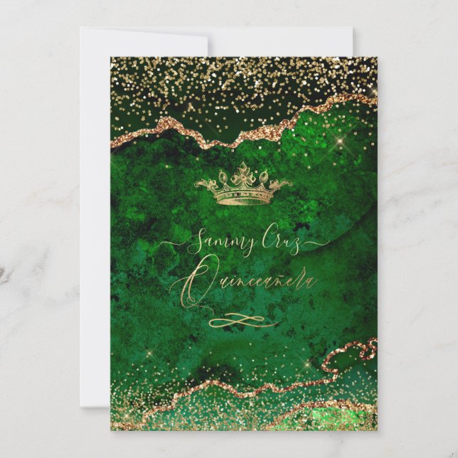 Invitation Quinceanera Emerald Green Agate Faux Gold Dust (Devant)