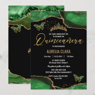 Invitation Quinceañera Emerald Green Agate Marbre Papillons