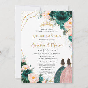 Invitation Quinceañera Emerald Green Blush Floral Twins