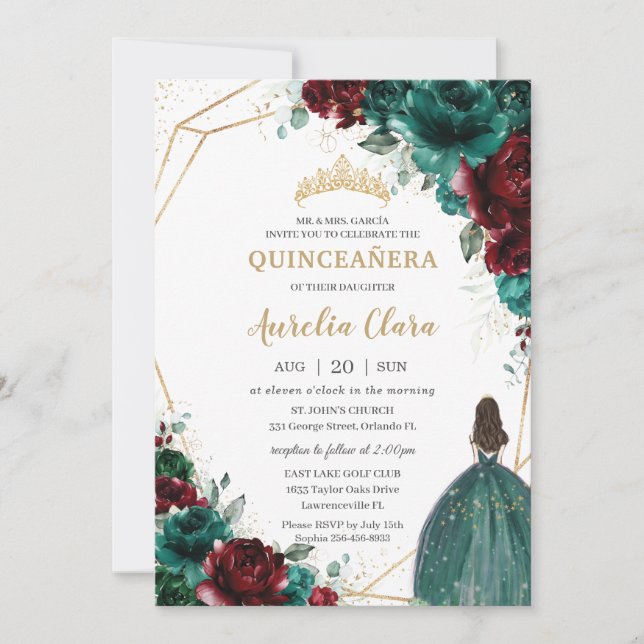 Invitation Quinceañera Emerald Green Bourgogne Floral Or (Devant)
