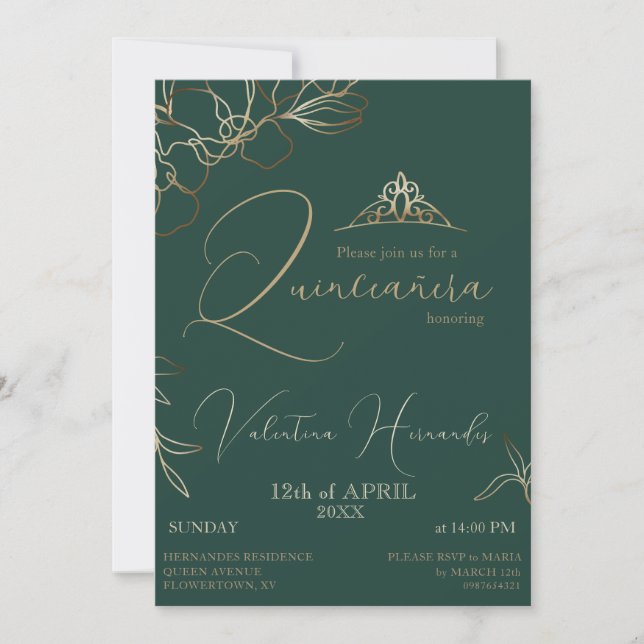 Invitation Quinceañera Emerald Green Floral (Devant)