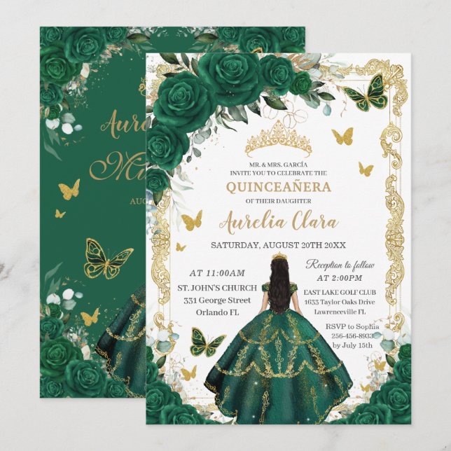 Invitation Quinceañera Emerald Green Floral Black Hair Gold (Devant / Derrière)