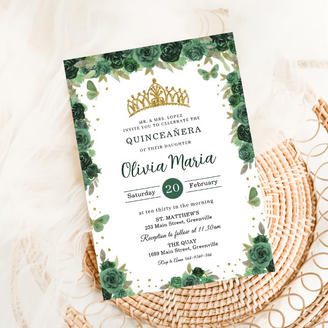 Invitation Quinceañera Emerald Green Floral Butterflies Tiara (Créateur téléchargé)