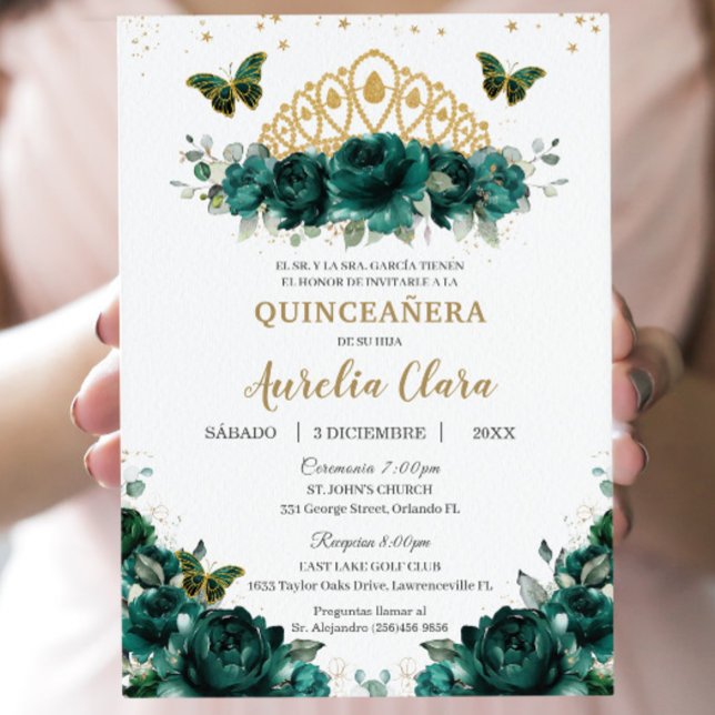 Invitation Quinceañera Emerald Green Floral Crown Español (Créateur téléchargé)
