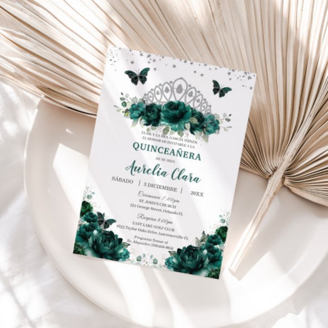 Invitation Quinceañera Emerald Green Floral Crown Español (Créateur téléchargé)