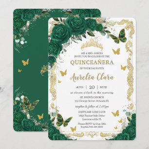 Invitation Quinceañera Emerald Green Floral Gold Butterflies