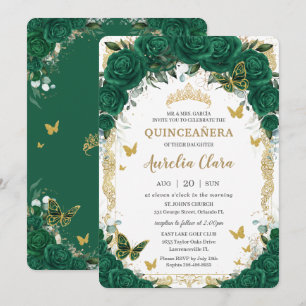 Invitation Quinceañera Emerald Green Floral Gold Butterflies