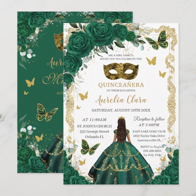 Invitation Quinceañera Emerald Green Floral Gold Masquerade (Devant / Derrière)