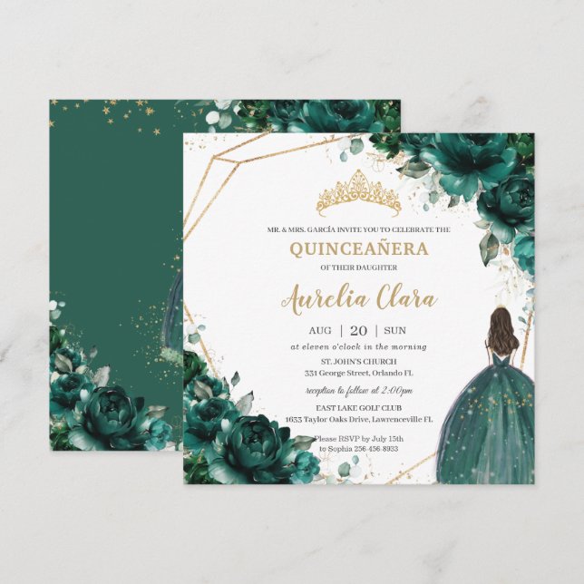 Invitation Quinceañera Emerald Green Floral Gold Princess (Devant / Derrière)