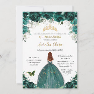 Invitation Quinceañera Emerald Green Floral Gold Princess