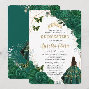 Invitation Quinceañera Emerald Green Floral Gold Princess