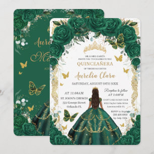 Invitation Quinceañera Emerald Green Floral Gold Princess In