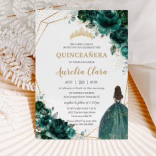 Invitation Quinceañera Emerald Green Floral Gold Princess Inv