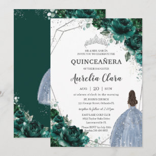 Invitation Quinceañera Emerald Green Floral robe bleu argent