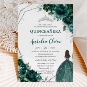 Invitation Quinceañera Emerald Green Floral Silver Princess