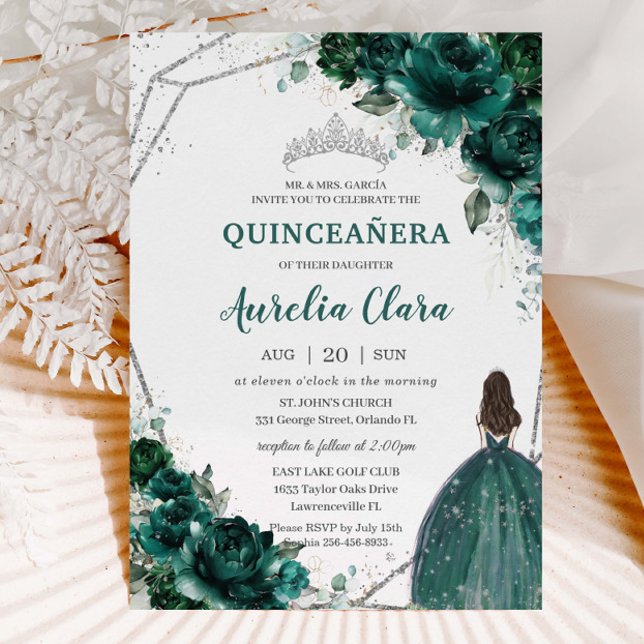 Invitation Quinceañera Emerald Green Floral Silver Princess (Créateur téléchargé)