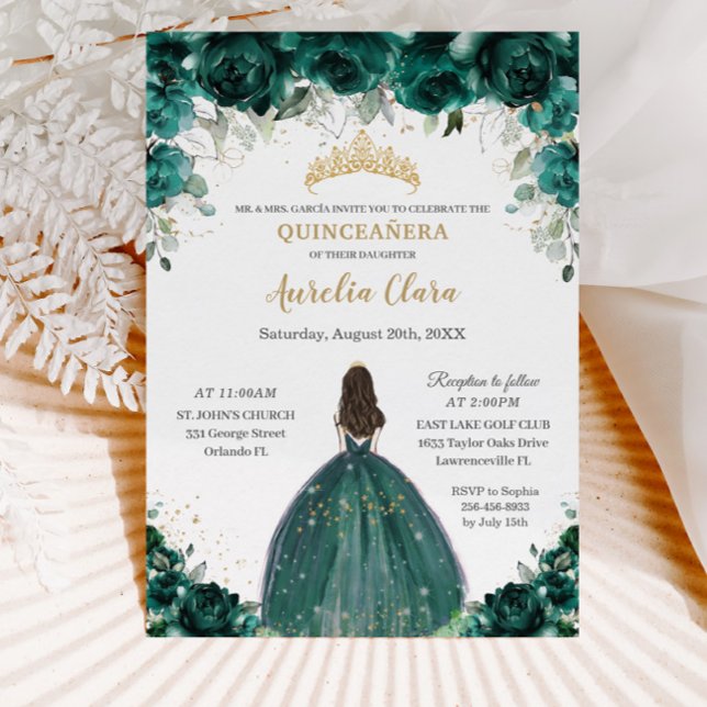 Invitation Quinceañera Emerald Green Floral Tiara Princess (Créateur téléchargé)