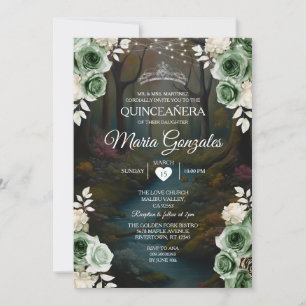 Invitation Quinceañera Emerald Green Forêt enchantée Floral