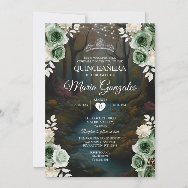 Invitation Quinceañera Emerald Green Forêt enchantée Floral (Devant)