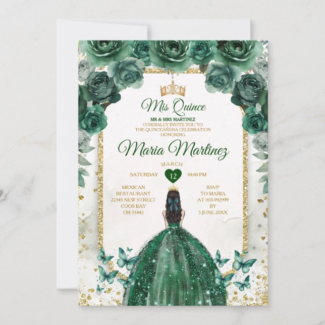 Invitation Quinceañera Emerald Green & Gold Crown Anniversair (Devant)