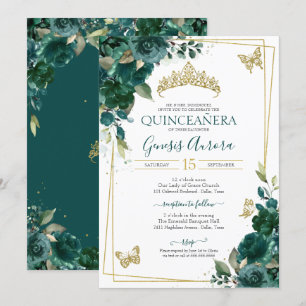 Invitation Quinceañera Emerald Green Gold Floral Butterfly