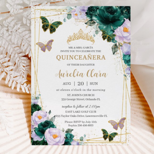 Invitation Quinceañera Emerald Green Purple Floral Papillon (Créateur téléchargé)