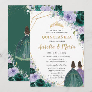 Invitation Quinceañera Emerald Green Purple Floral Twins